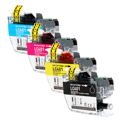 Compatible Brother LC401 (LC401 BK,C,M,Y) Inkjet Color Combo, Black, Cyan, Magenta, Yellow, 200 High Yield, 4 Cartridge Pack (1K/1C/1M/1Y)