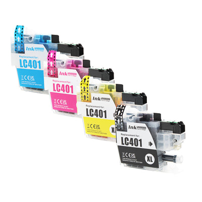 Compatible Brother LC401XL (LC401XL BK, C, M, Y) Inkjet Color Combo, Black, Cyan, Magenta, Yellow, 500 High Yield, 4 Cartridge Pack (1K/1C/1M/1Y)