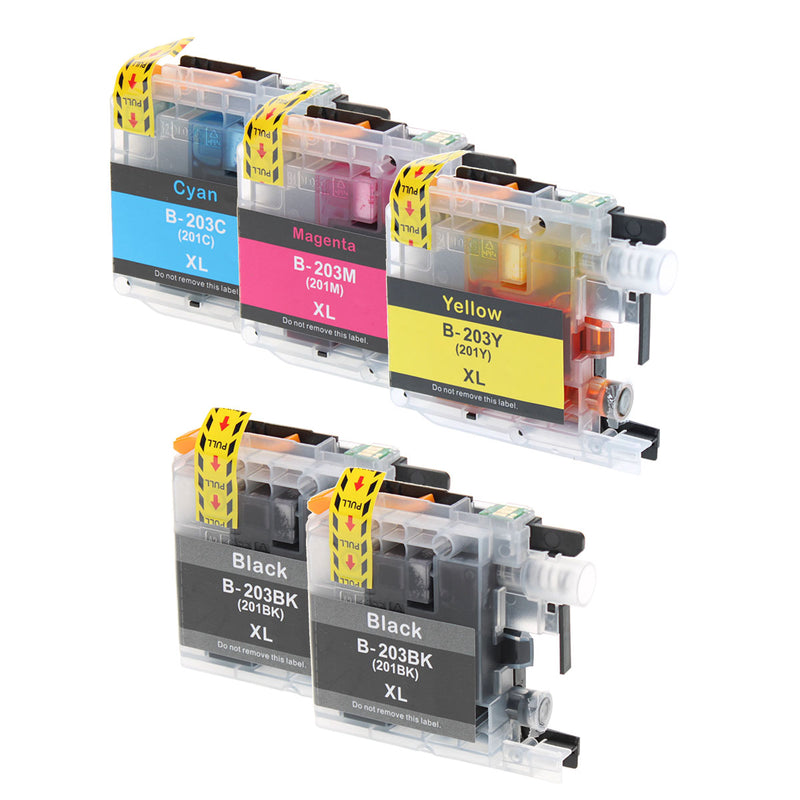 Compatible Brother LC203 (LC203BK/LC203C/LC203M/LC203Y) Inkjet Color Combo, 2xBlack, Cyan, Magenta, Yellow, 550 High Yield, 5 Cartridge Pack (2K/1C/1M/1Y)