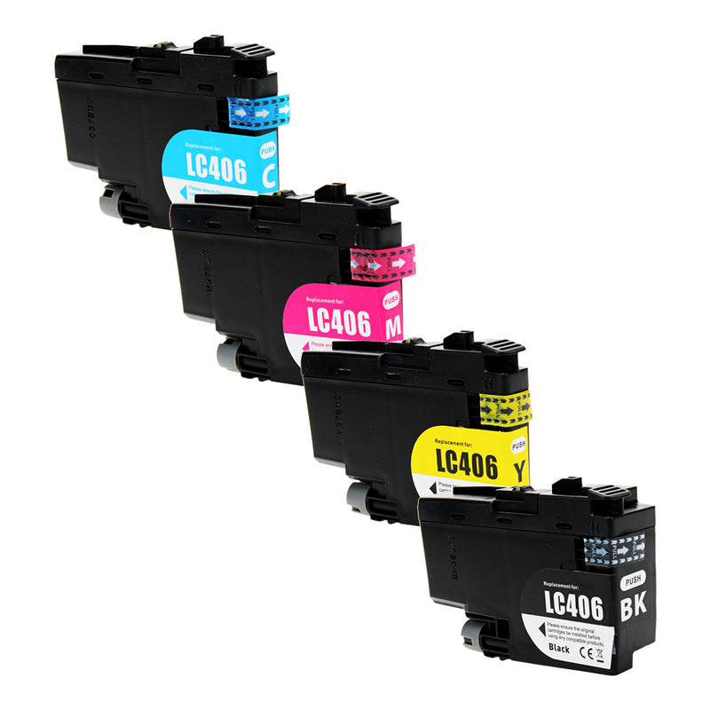 Compatible Brother LC406 (LC406 BK, C, M, Y) Inkjet Color Combo, Black, Cyan, Magenta, Yellow, 3000/1500 High Yield, 4 Cartridge Pack (1K/1C/1M/1Y)
