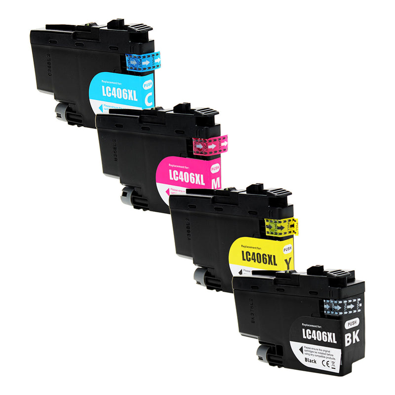 Compatible Brother LC406XL (LC406XL BK, C, M, Y) Inkjet Color Combo, Black, Cyan, Magenta, Yellow, 6000/5000 High Yield, 4 Cartridge Pack (1K/1C/1M/1Y)