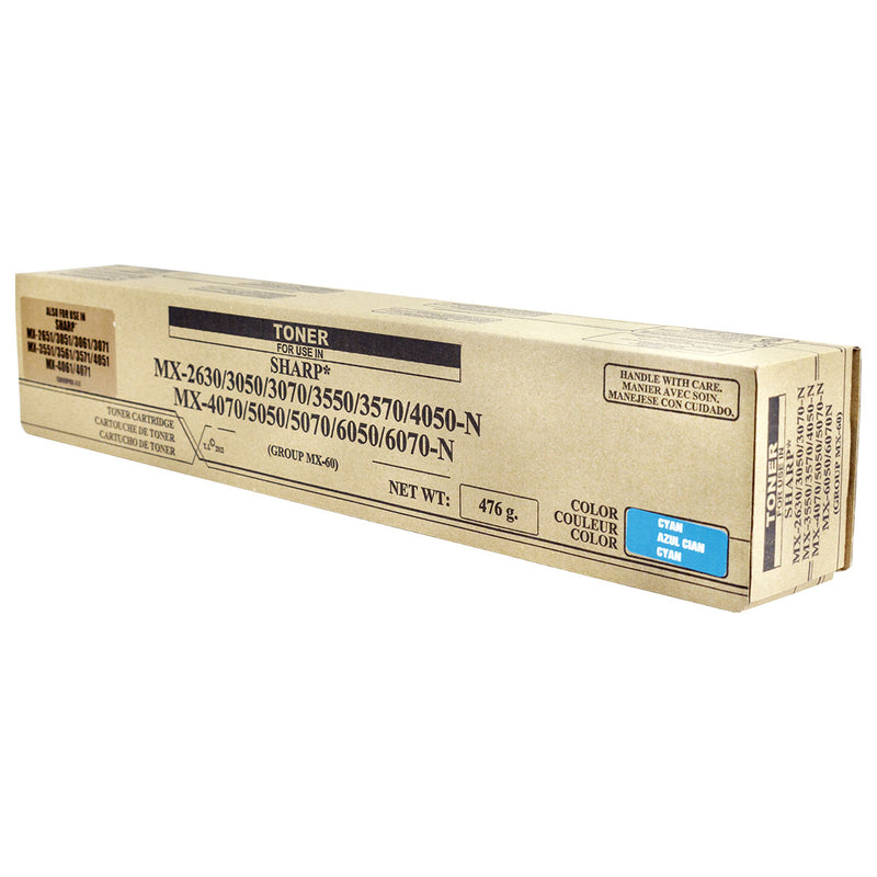 Compatible Sharp MX-2630 / MX-3050 (MX-61NTCA) Toner Cartridge, Cyan, 24K Yield, TAA Compliant, Made in USA