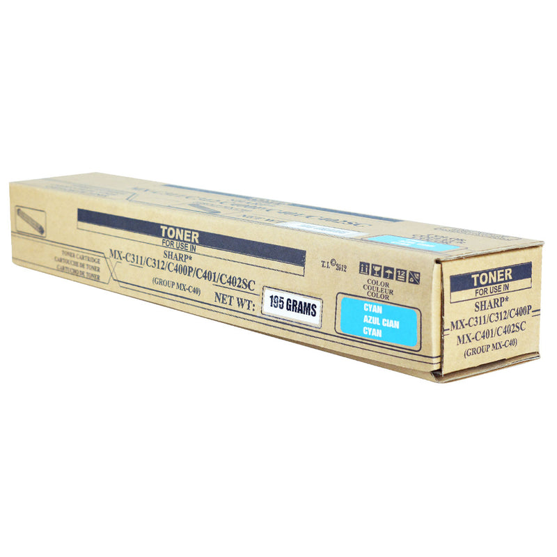 Compatible Sharp MX-C311 / MX-C312 / MX-C400 (MX-C40NTC) Toner Cartridge, Cyan, 10K Yield, TAA Compliant, Made in USA